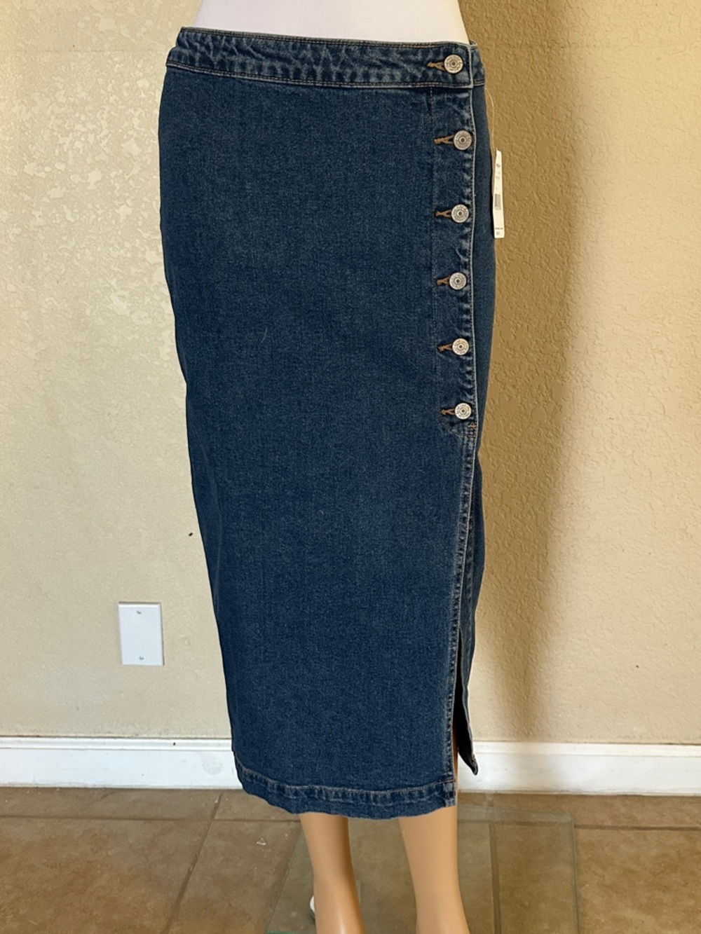 Free People Dark Blue Denim Button-Side Midi Skirt